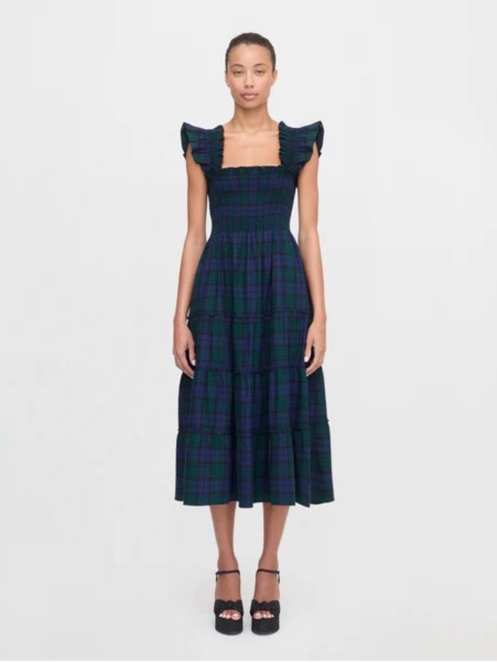 NWT Hill House Ellie Nap Dress-Blackwatch Plaid Tiered Midi Dress
